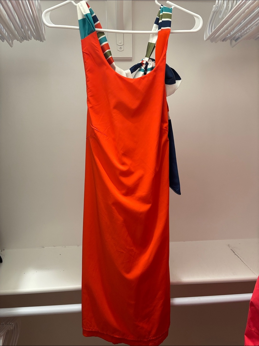 Lulu's Bright Orange Sleeveless Midi Dress with Striped Tie Strap